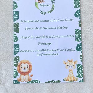 Menú de cumpleaños para bautizos, safari en la jungla de la sabana, zoológico