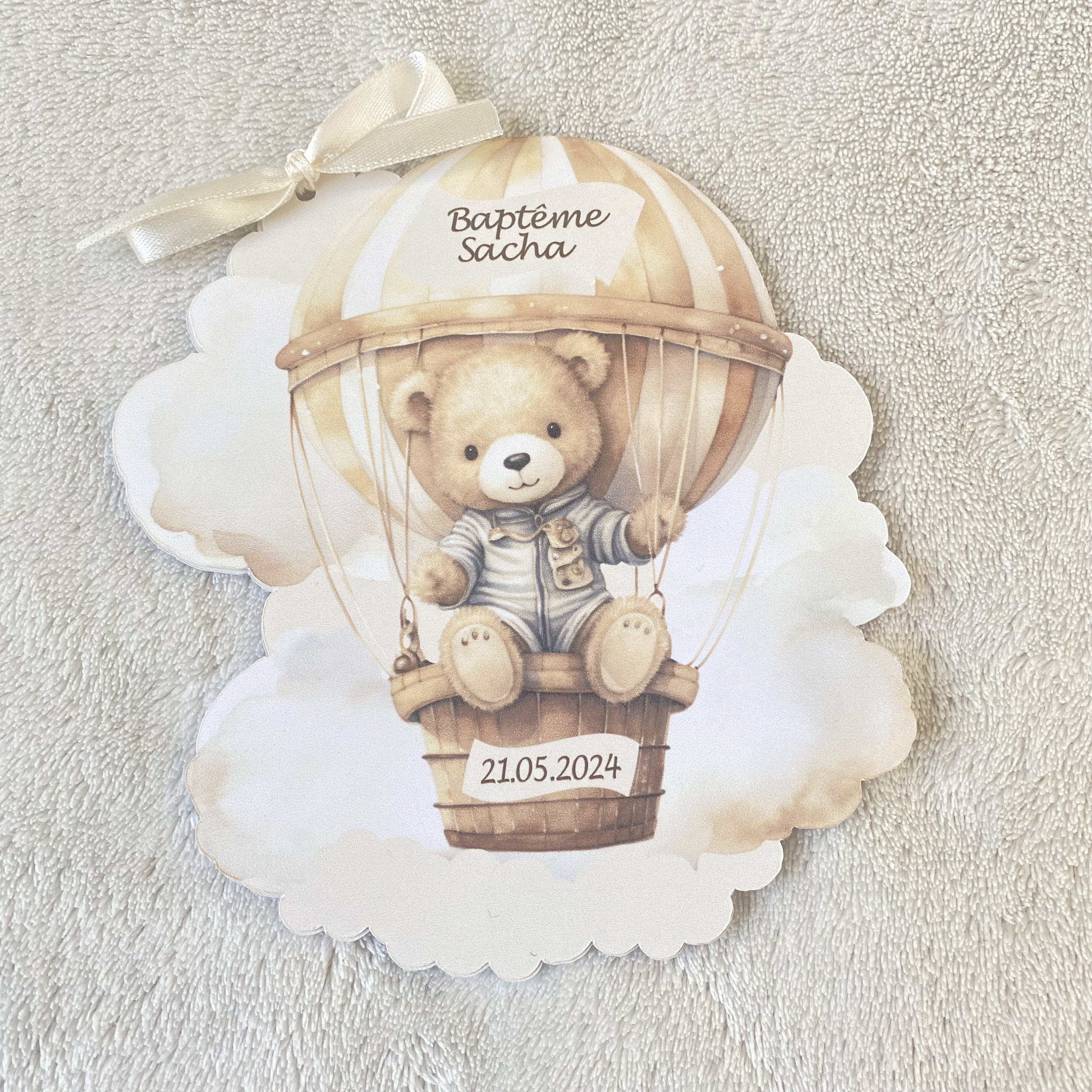 Faire part baptême personnalisé ourson montgolfière