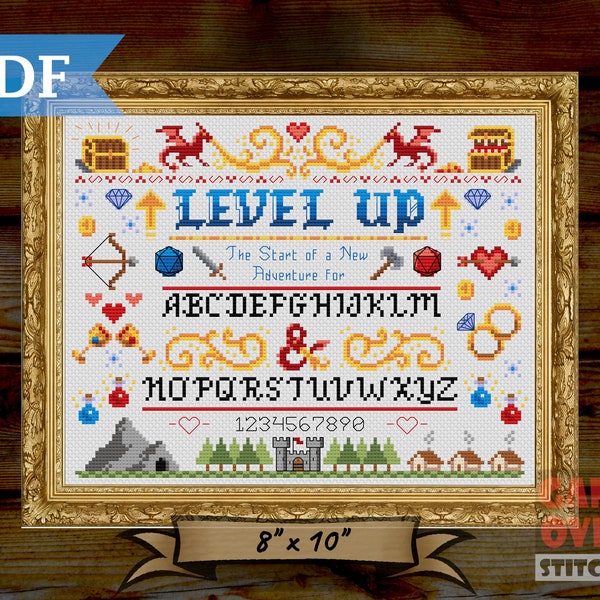 Level Up - Wedding Cross Stitch Sampler Pattern for 8x10 Frame