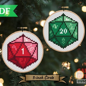 Critical Xmas Dice Ornaments - Cross Stitch Pattern for 3-Inch Hoop