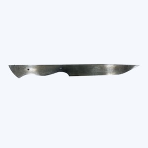 May include: A raw, unfinished knife blade with a curved handle and a pointed tip. The metal has a worn, industrial appearance with visible scratches and imperfections. The blade is designed for a custom knife build.