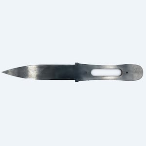 May include: A black metal knife with a long, thin blade and a handle with a rectangular hole. The knife is sharp and has a pointed tip.