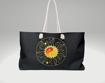 Weekender Bag Astrological Sun-Cosmic bag-Black oversize totebag, Beach bag