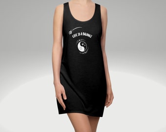 Women's Black Racerback Dress-Yin Yang-Celestial-Sports-Sleepwear dress-Comfy dress-Positive affirmations above knee high dress