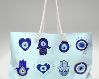 Large Weekender Tote with Evil Eye Print - Stylish Beach Bag for Trips Celestial