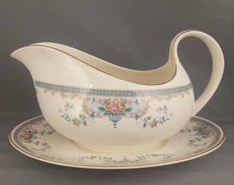 Royal Doulton Juliet N5077 Gravy Boat and Underplate Pink Yellow Roses Blue Grey Border