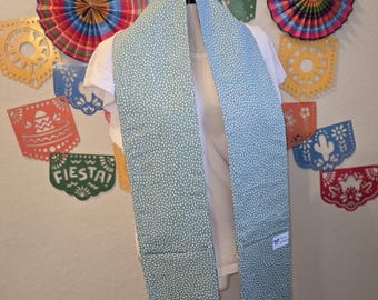 Handmade Serape Sash - Blue Lining– Multicolor Stripes, Pompom Trim, Fiesta Party Accessory