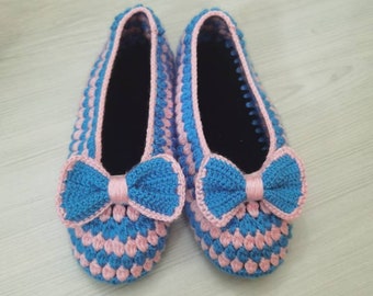 Crochet Knitted slippers with felt sole cotton handmade 35eu-41eu 5us-9.5us size