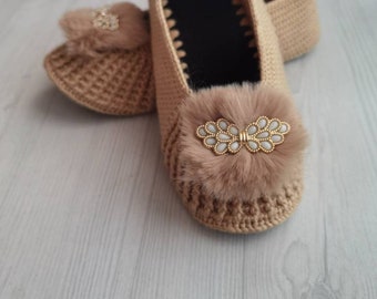 Crochet Knitted slippers with felt sole cotton handmade 35eu-41eu 5us-9.5us size