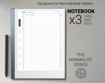 May include: A white digital notebook with a black border and a black and gray stylus. The notebook has a grid pattern and the text "NOTES CONTENTS" and "SECTION 1" at the top. The text "NOTEBOOK X3 LINES GRID DOTS" is on the right side of the image. The text "THE MINIMALIST SERIES" is below the notebook.