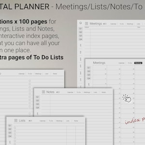 Pu&ograve; includere: Un planner digitale con sezioni per riunioni, liste, note e cose da fare. Il planner include 300 pagine, con 100 pagine per ogni sezione, e 2 pagine extra per le liste di cose da fare. Il planner ha una pagina di indice interattiva.