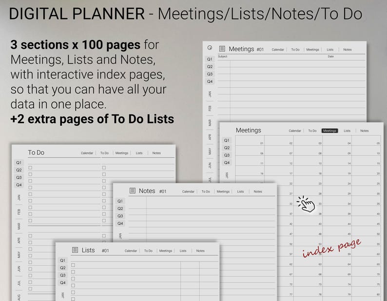 Pu&ograve; includere: Un planner digitale con sezioni per riunioni, liste, note e cose da fare. Il planner include 300 pagine, con 100 pagine per ogni sezione, e 2 pagine extra per le liste di cose da fare. Il planner ha una pagina di indice interattiva.