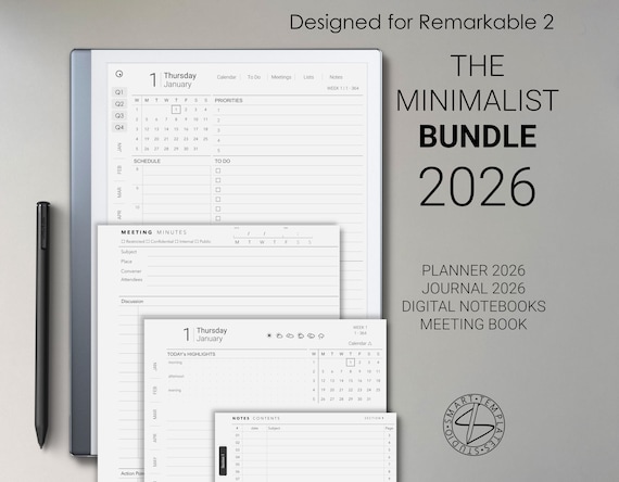 Minimalist Bundle, templates for Remarkable tablets 2026 (planners, journals, meeting notes, notebooks)