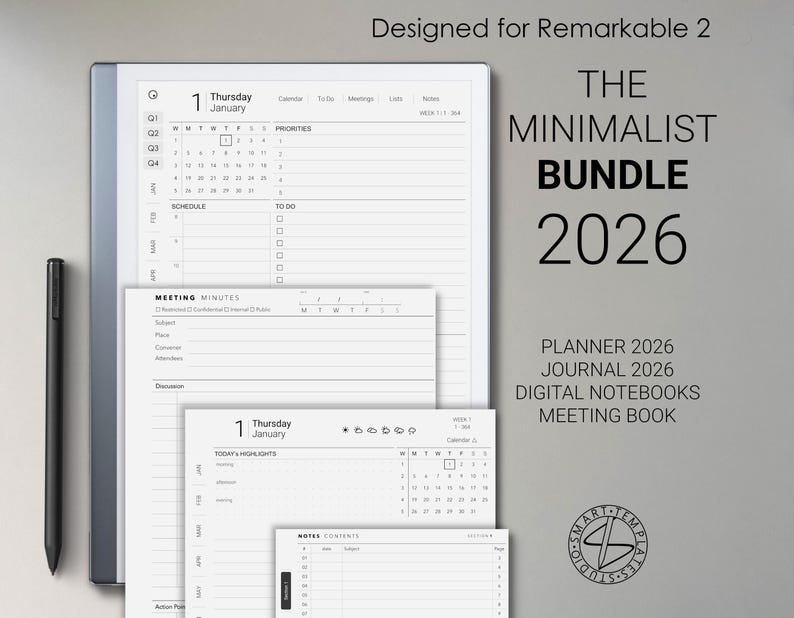 Minimalist Bundle, modelli per tablet Remarkable 2026 (agende, diari, appunti di riunioni, quaderni) immagine 1