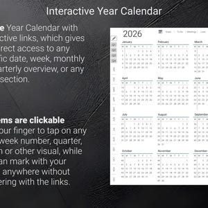 May include: A digital 2026 year calendar with interactive links. The calendar is displayed in a grid format, with each month clearly labeled. The text "Interactive Year Calendar" is at the top. The calendar is designed to be clickable.