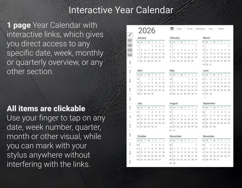 May include: A digital 2026 year calendar with interactive links. The calendar is displayed in a grid format, with each month clearly labeled. The text "Interactive Year Calendar" is at the top. The calendar is designed to be clickable.