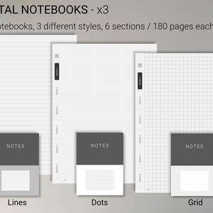 Pu&ograve; includere: Tre quaderni digitali con diversi stili di pagina: rigato, punteggiato e a quadretti. Ogni quaderno ha il testo "NOTES" sulla copertina e include 180 pagine.