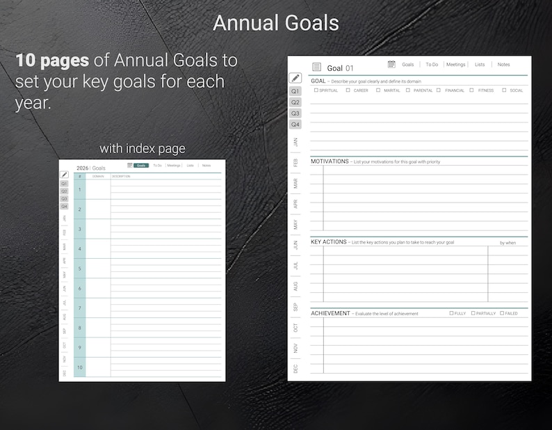 May include: A white planner page with the text "Annual Goals" and "10 pages of Annual Goals to set your key goals for each year." The page includes sections for goals, motivations, key actions, and achievement evaluation.
