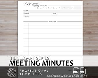 May include: A printable meeting minutes template with the title "Meeting Minutes" in a cursive font. The template includes sections for subject, convener, attendees, place, discussion, and action points. The template is compatible with most paper tablets.