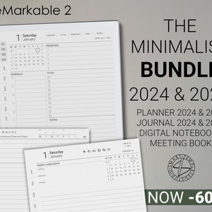 reMarkable 2 Minimalist Bundle 2024-2025 Digital Planner / Journal / Meetings / Notes Digital Download image 1