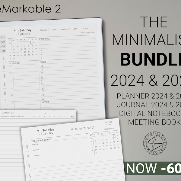 Paquete minimalista reMarkable 2 2024-2025 / Planificador digital / Diario / Reuniones / Notas (Descarga digital)