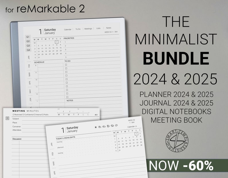 reMarkable 2 Minimalist Bundle 2024-2025 Digital Planner / Journal / Meetings / Notes Digital Download image 1