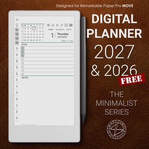 Könnte beinhalten: Ein weißes digitales Tablet mit einer Kalender-Planer-Oberfläche für 2027, inklusive Aufgabenliste und Notizbereich, begleitet von einem grauen Eingabestift. Der Text lautet Designed for Remarkable Paper Pro MOVE, DIGITAL PLANNER 2027 & 2026 FREE, THE MINIMALIST SERIES.