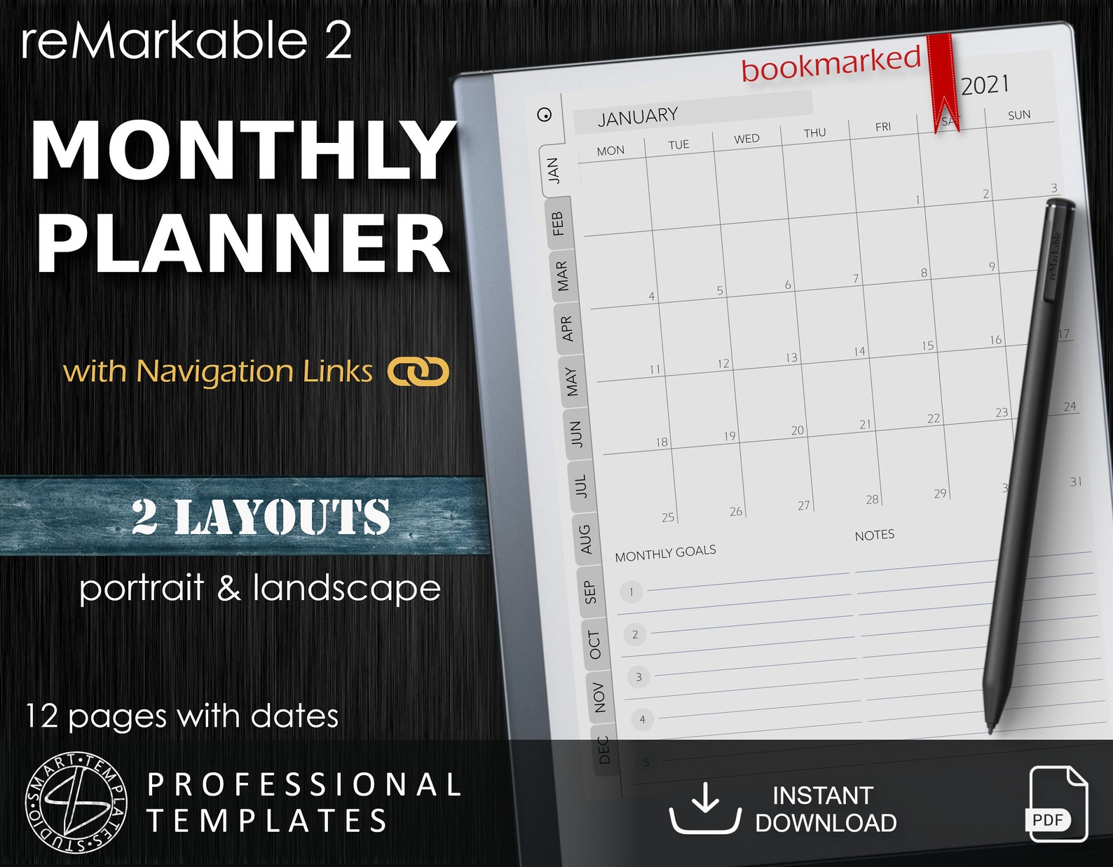 ReMarkable 2 Monthly Planner 2021 Digital Download Etsy