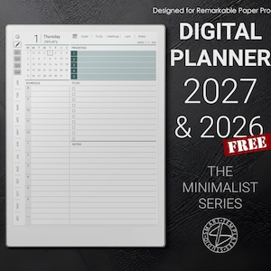 Könnte beinhalten: Ein digitaler Planer für Remarkable Paper Pro mit Tagesplan, Kalender und Aufgabenliste. Der Text lautet: Designed for Remarkable Paper Pro, DIGITAL PLANNER 2027 & 2026 FREE, THE MINIMALIST SERIES. Ein Eingabestift befindet sich auf der linken Seite.