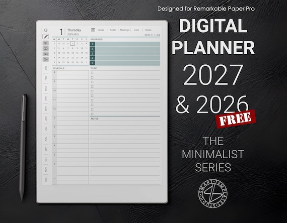 Minimalist Planner for Remarkable Paper Pro 2026 2027 (Digital Download)