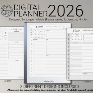 Può includere: Tre diversi design di planner digitale per il 2026. I design sono etichettati come "Elegante", "Minimalista" e "Originale". Ogni design include un calendario, un programma, un elenco di cose da fare e una sezione note. Il testo "Designed for paper tablets (Remarkable, Supernote, Kindle)" è nella parte superiore dell'immagine.