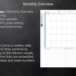 May include: Digital planner page with a monthly calendar for January, featuring a grid layout with dates and space for goals and notes. The text reads "Monthly Overview" and highlights the planner's features.