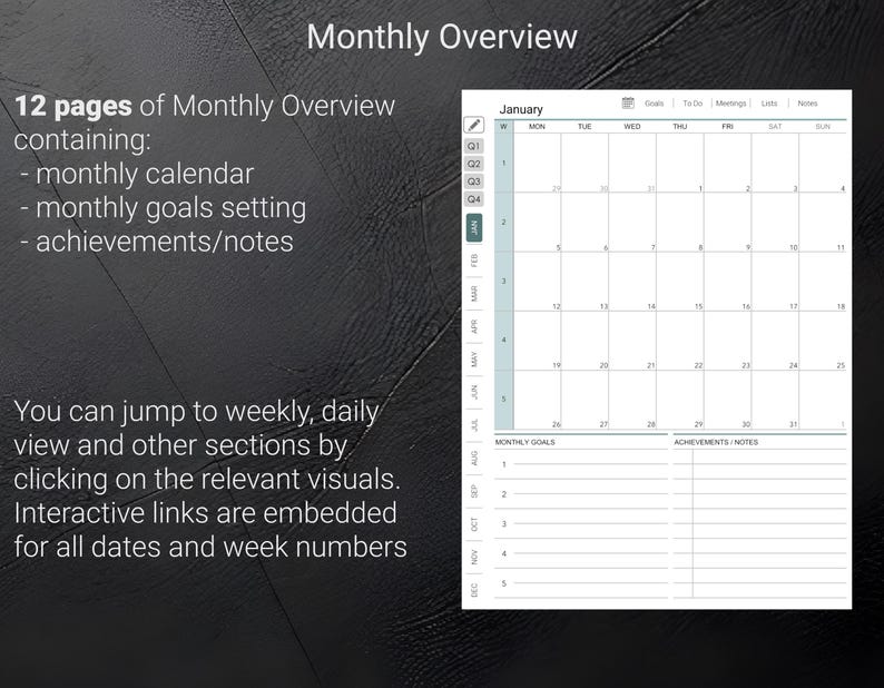 May include: Digital planner page with a monthly calendar for January, featuring a grid layout with dates and space for goals and notes. The text reads "Monthly Overview" and highlights the planner's features.
