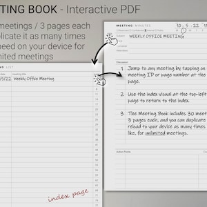 Pu&ograve; includere: Un'immagine in bianco e nero di un libro di riunioni con istruzioni su come utilizzare il PDF interattivo. Il libro include 30 riunioni, 3 pagine ciascuna, e pu&ograve; essere duplicato per riunioni illimitate. Il testo sulla pagina dice "Libro di riunioni - PDF interattivo", "30 riunioni / 3 pagine ciascuna", "Duplicalo tutte le volte che ti servono sul tuo dispositivo per riunioni illimitate", "Elenco delle riunioni", "10/5/22 Riunione settimanale dell'ufficio", "Verbale della riunione", "Riunione settimanale dell'ufficio", "Vai a qualsiasi riunione toccando l'ID della riunione o il numero di pagina nell'indice", "Utilizza l'indice visivo nella parte superiore sinistra della pagina per tornare all'indice", "Il libro di riunioni include 30 riunioni di 3 pagine ciascuna, e puoi duplicarlo o ricaricarlo sul tuo dispositivo tutte le volte che vuoi, per riunioni illimitate."