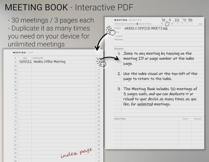 Pu&ograve; includere: Un'immagine in bianco e nero di un libro di riunioni con istruzioni su come utilizzare il PDF interattivo. Il libro include 30 riunioni, 3 pagine ciascuna, e pu&ograve; essere duplicato per riunioni illimitate. Il testo sulla pagina dice "Libro di riunioni - PDF interattivo", "30 riunioni / 3 pagine ciascuna", "Duplicalo tutte le volte che ti servono sul tuo dispositivo per riunioni illimitate", "Elenco delle riunioni", "10/5/22 Riunione settimanale dell'ufficio", "Verbale della riunione", "Riunione settimanale dell'ufficio", "Vai a qualsiasi riunione toccando l'ID della riunione o il numero di pagina nell'indice", "Utilizza l'indice visivo nella parte superiore sinistra della pagina per tornare all'indice", "Il libro di riunioni include 30 riunioni di 3 pagine ciascuna, e puoi duplicarlo o ricaricarlo sul tuo dispositivo tutte le volte che vuoi, per riunioni illimitate."