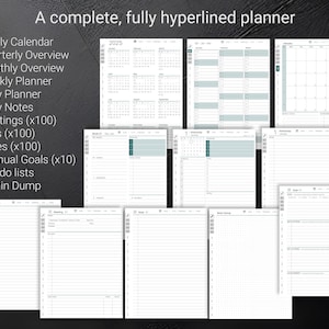 May include: A complete, fully hyperlined planner with a yearly calendar, quarterly overview, monthly overview, weekly planner, daily planner, daily notes, meetings, lists, notes, annual goals, to-do lists, and a brain dump. The year 2025 is visible.
