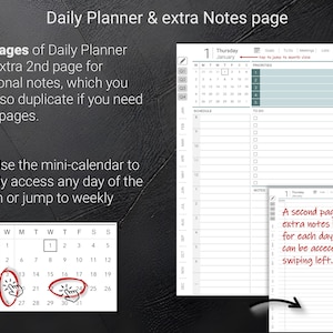 May include: Digital daily planner with 365 pages, extra notes page, and a mini-calendar for easy navigation. The planner includes sections for goals, to-do lists, and notes. The text in the image says "Daily Planner & extra Notes page."