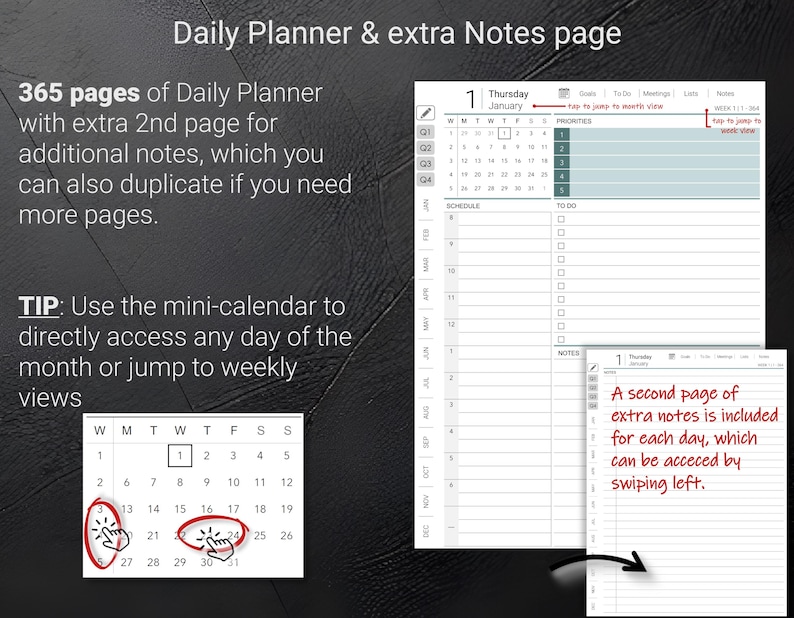 May include: Digital daily planner with 365 pages, extra notes page, and a mini-calendar for easy navigation. The planner includes sections for goals, to-do lists, and notes. The text in the image says "Daily Planner & extra Notes page."