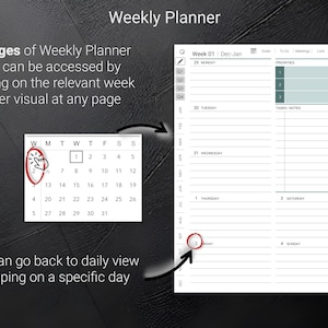 May include: A digital weekly planner interface with a calendar and daily task sections. The image shows a calendar with the week of December 29th to January 4th highlighted. Text indicates the planner has 53 pages and can be accessed by tapping the week number.