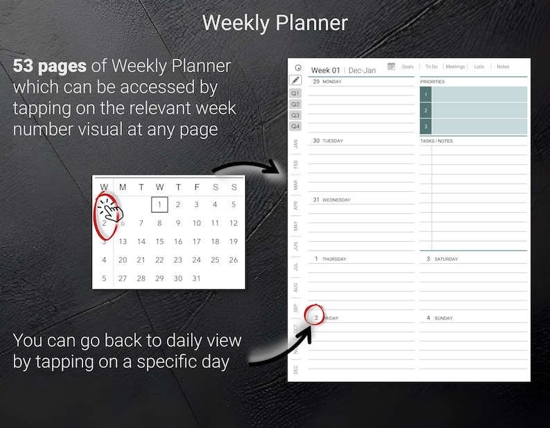 May include: A digital weekly planner interface with a calendar and daily task sections. The image shows a calendar with the week of December 29th to January 4th highlighted. Text indicates the planner has 53 pages and can be accessed by tapping the week number.
