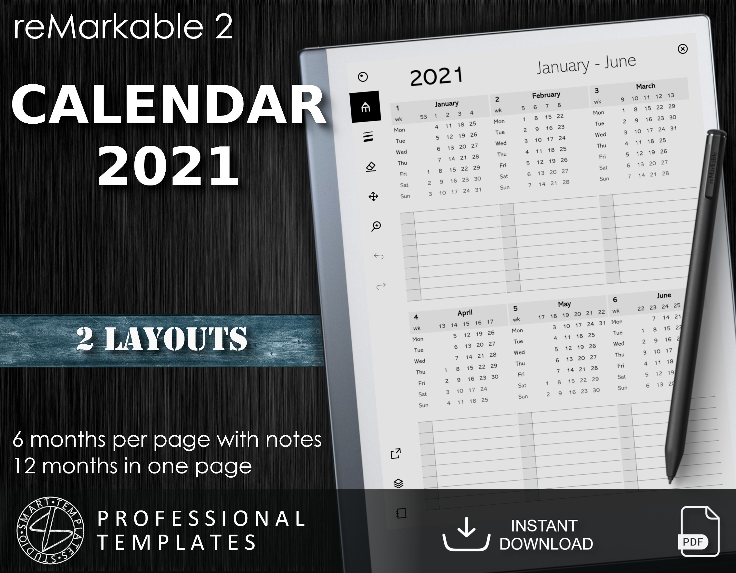 ReMarkable 2 Calendar 2021 with Notes Digital Download Etsy