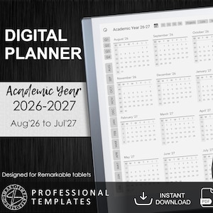 Pode incluir: Uma agenda digital para tablets Remarkable com um calendário acadêmico de agosto de 2026 a julho de 2027. A tela exibe grades mensais, uma barra lateral com abreviações de meses e uma caneta stylus preta no lado direito do dispositivo.