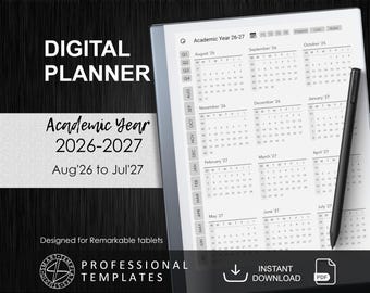 Puede incluir: Una agenda digital para tabletas Remarkable con un calendario académico de agosto de 2026 a julio de 2027. La pantalla muestra cuadrículas mensuales, una barra lateral con abreviaturas de meses y un lápiz óptico negro en el lado derecho.