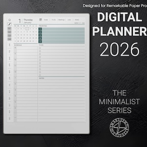 May include: A digital planner for 2026, designed for Remarkable Paper Pro. The minimalist series features a white tablet displaying a daily schedule, to-do list, and notes section. A stylus pen rests on the left. Text on the right reads "DIGITAL PLANNER 2026".