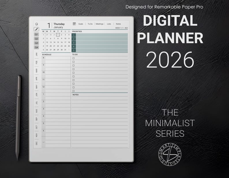 May include: A digital planner for 2026, designed for Remarkable Paper Pro. The minimalist series features a white tablet displaying a daily schedule, to-do list, and notes section. A stylus pen rests on the left. Text on the right reads "DIGITAL PLANNER 2026".