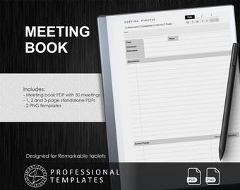 May include: A digital meeting book template for Remarkable tablets. The image shows a digital notepad with the words "MEETING BOOK" and "MEETING MINUTES". Includes PDF and PNG templates. A black stylus pen is also visible.