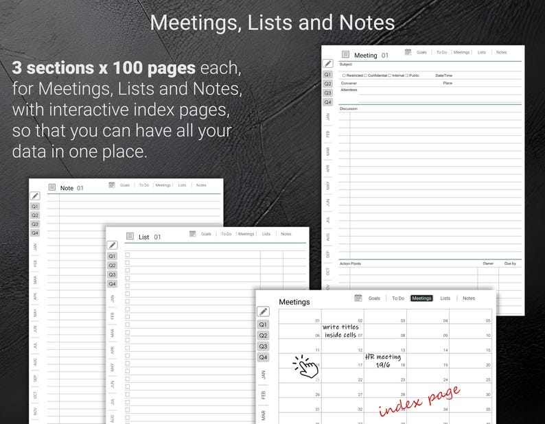 May include: A digital planner with pages for meetings, lists, and notes. The planner has interactive index pages and includes 3 sections with 100 pages each. The planner's pages include sections for goals, to-do lists, meetings, lists, and notes.