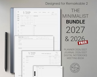 May include: A digital tablet with a stylus, displaying a planner interface with calendar, schedule, and to-do lists. Text includes Designed for Remarkable 2, THE MINIMALIST BUNDLE 2027 & 2026 FREE, PLANNER 2026/2027, JOURNAL 2026/2027, DIGITAL NOTEBOOKS, MEETING BOOK.