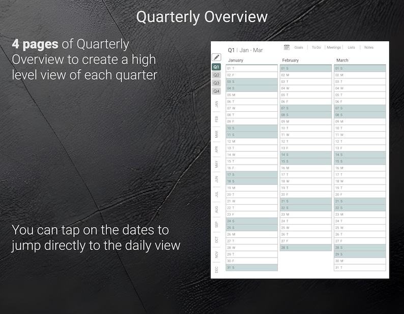 May include: A digital planner interface with a quarterly overview. The screen displays a calendar layout with dates for January, February, and March. Text on the screen reads "Quarterly Overview" and "4 pages of Quarterly Overview".