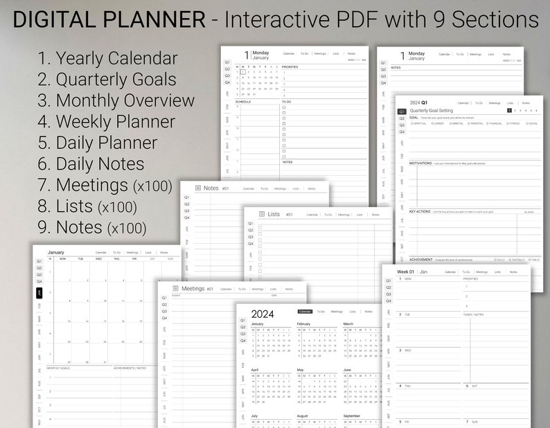 reMarkable 2 Minimalist Bundle 2024-2025 Digital Planner / Journal / Meetings / Notes Digital Download image 3